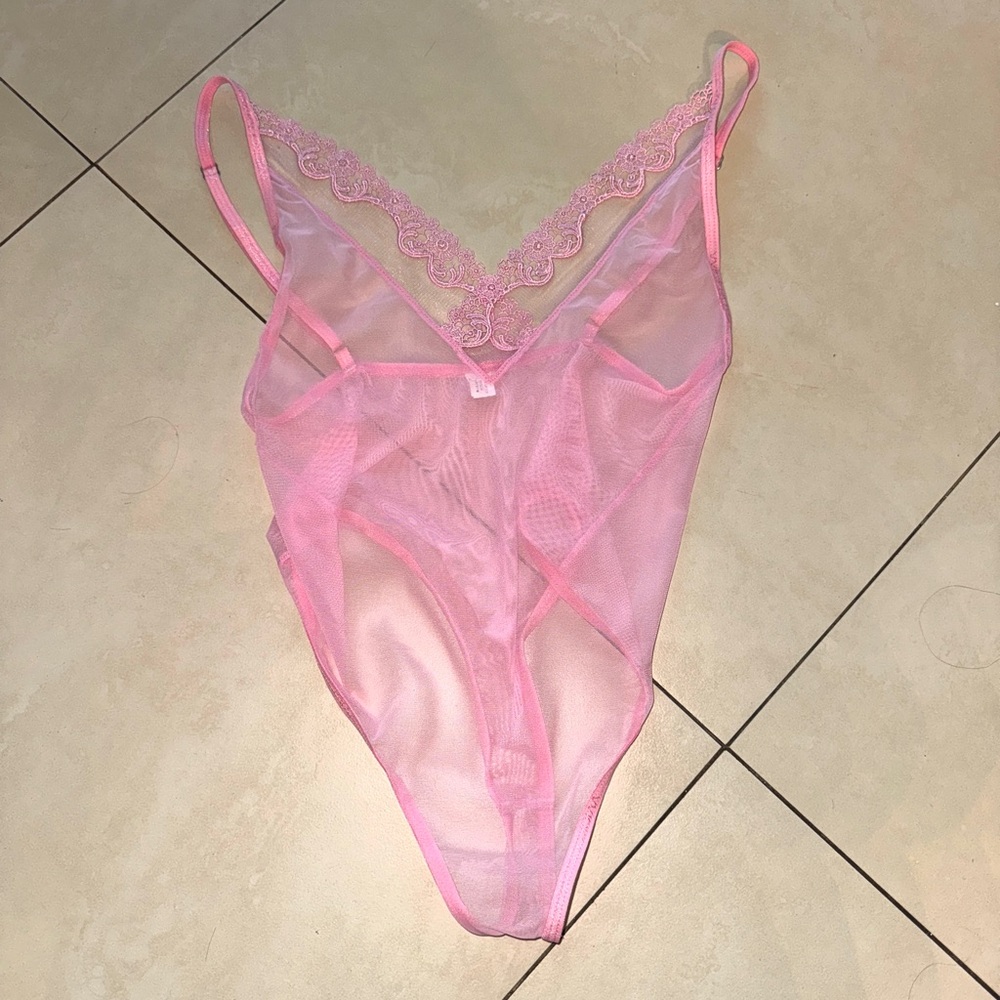 Sheer Lace-Trim Pink Bodysuit - Women's Intimate Top